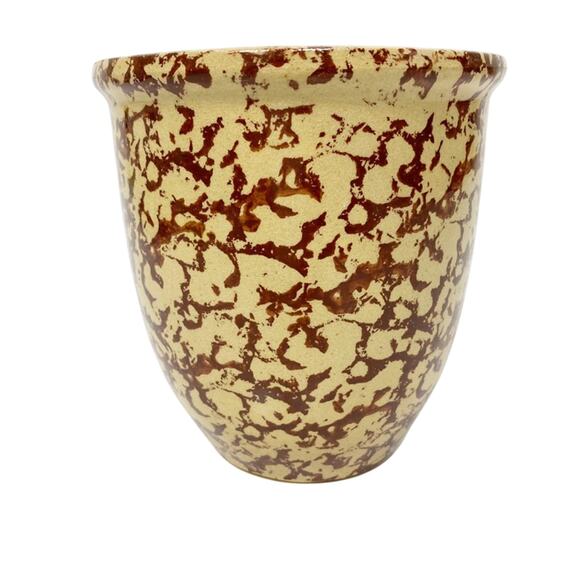 vintage brown tan spongeware pot stoneware crock art pottery 5.5" tall - Picture 2 of 8